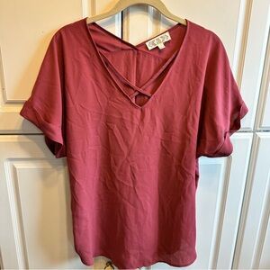 Pink Rose Mauve Crisscross V-Neck Short Sleeve Blouse